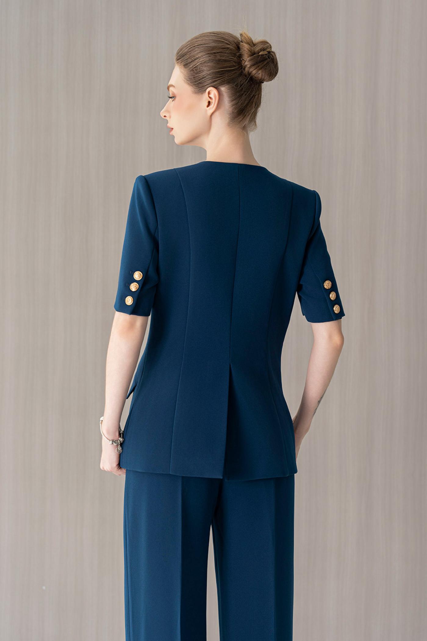 Bộ Suit Tay Ngắn Xanh Cổ Chữ V