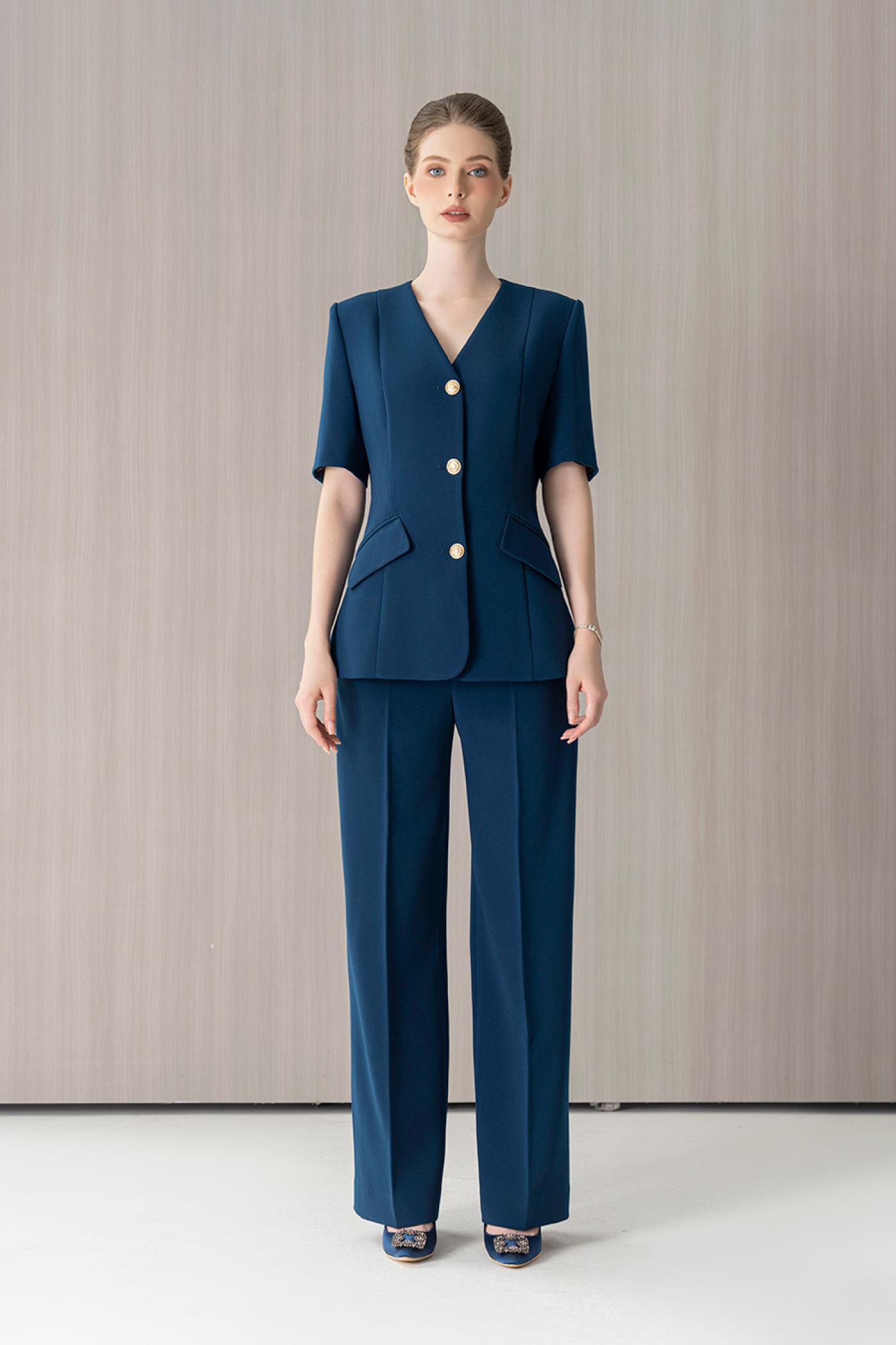 Bộ Suit Tay Ngắn Xanh Cổ Chữ V