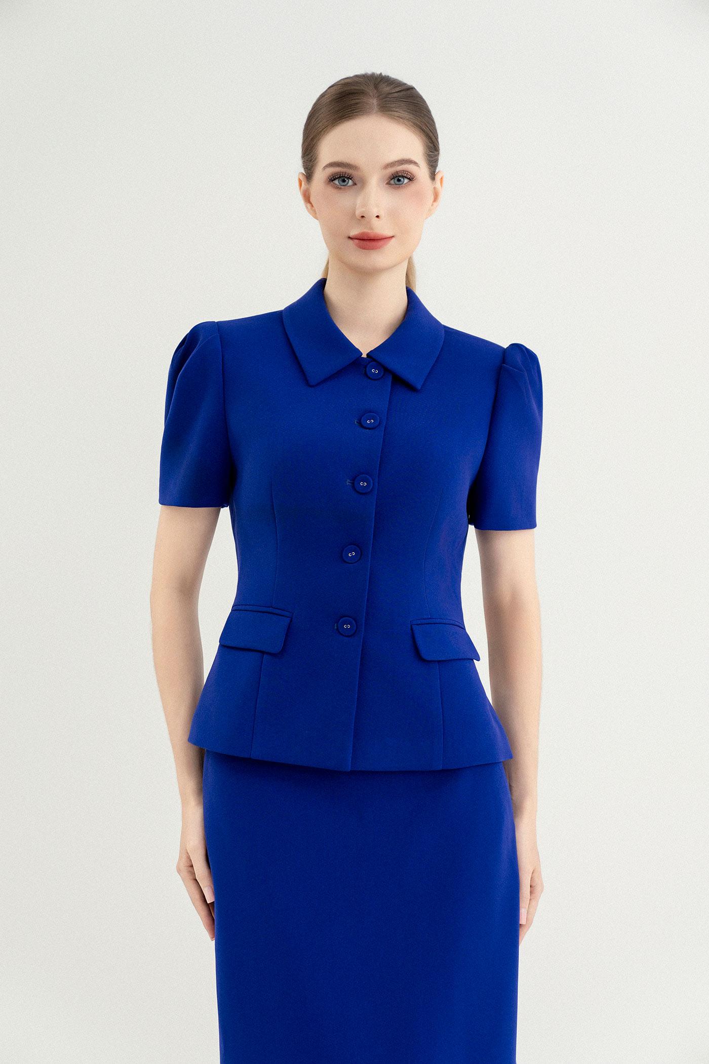 Set Áo Cổ Đức & Chân Váy Dáng Dài – Xanh Hoàng Gia