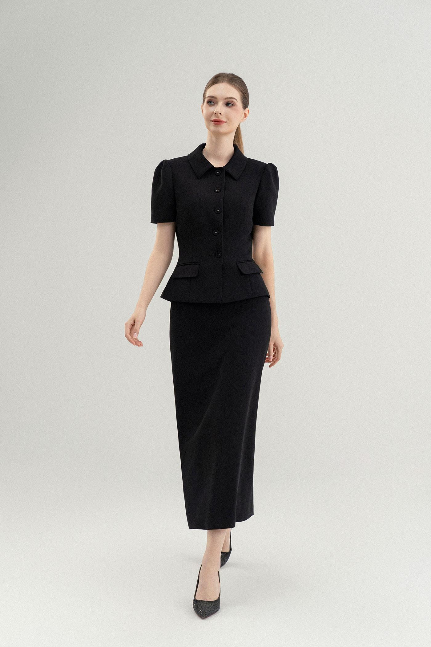 Set Áo Cổ Đức & Chân Váy Dáng Dài – Đen