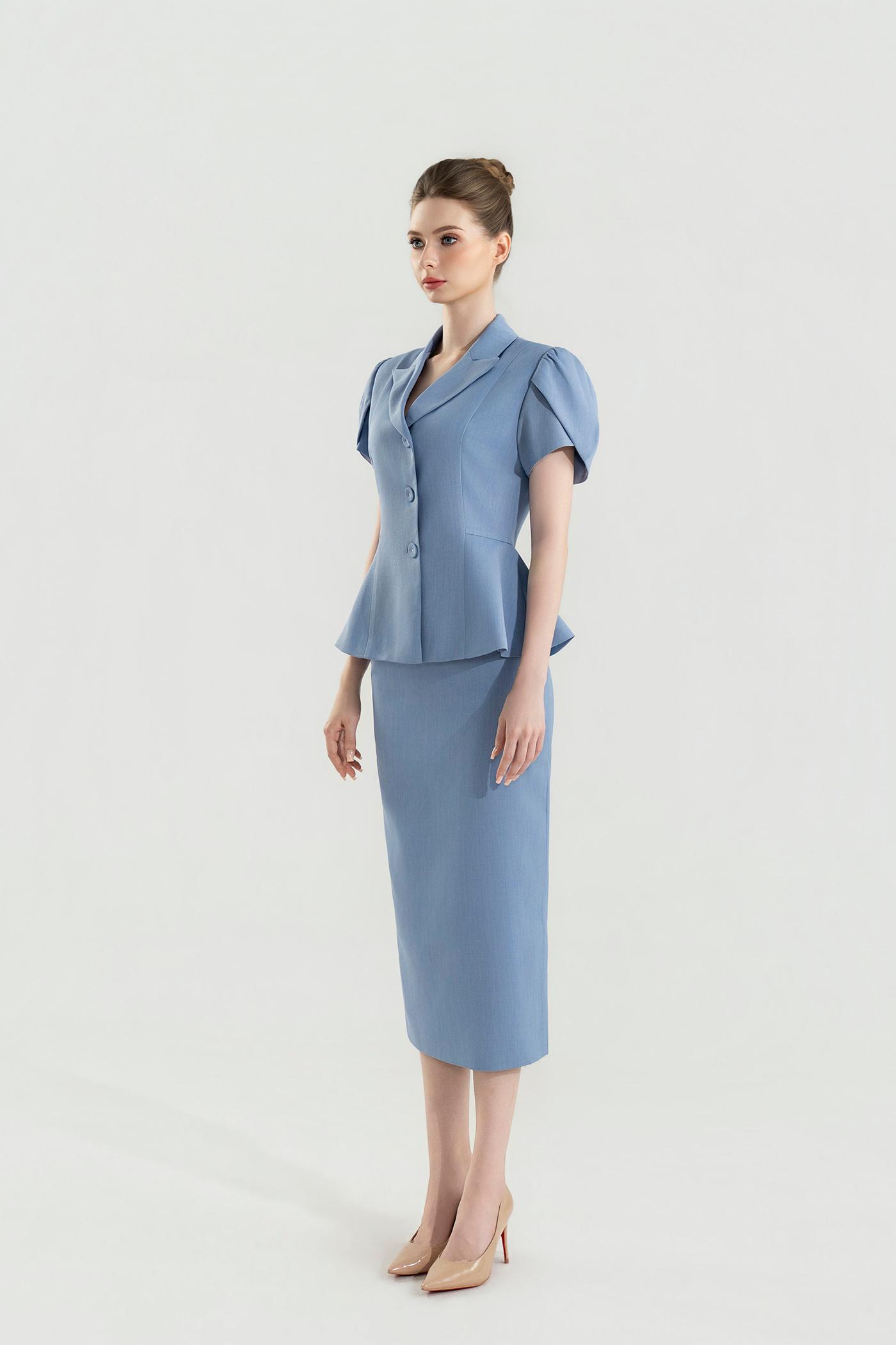 Bộ Suit Chân Váy Tay Phồng Màu Xanh Pastel