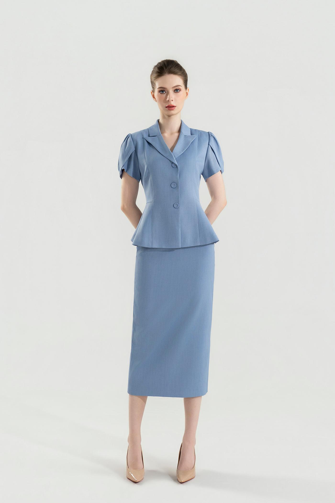 Bộ Suit Chân Váy Tay Phồng Màu Xanh Pastel