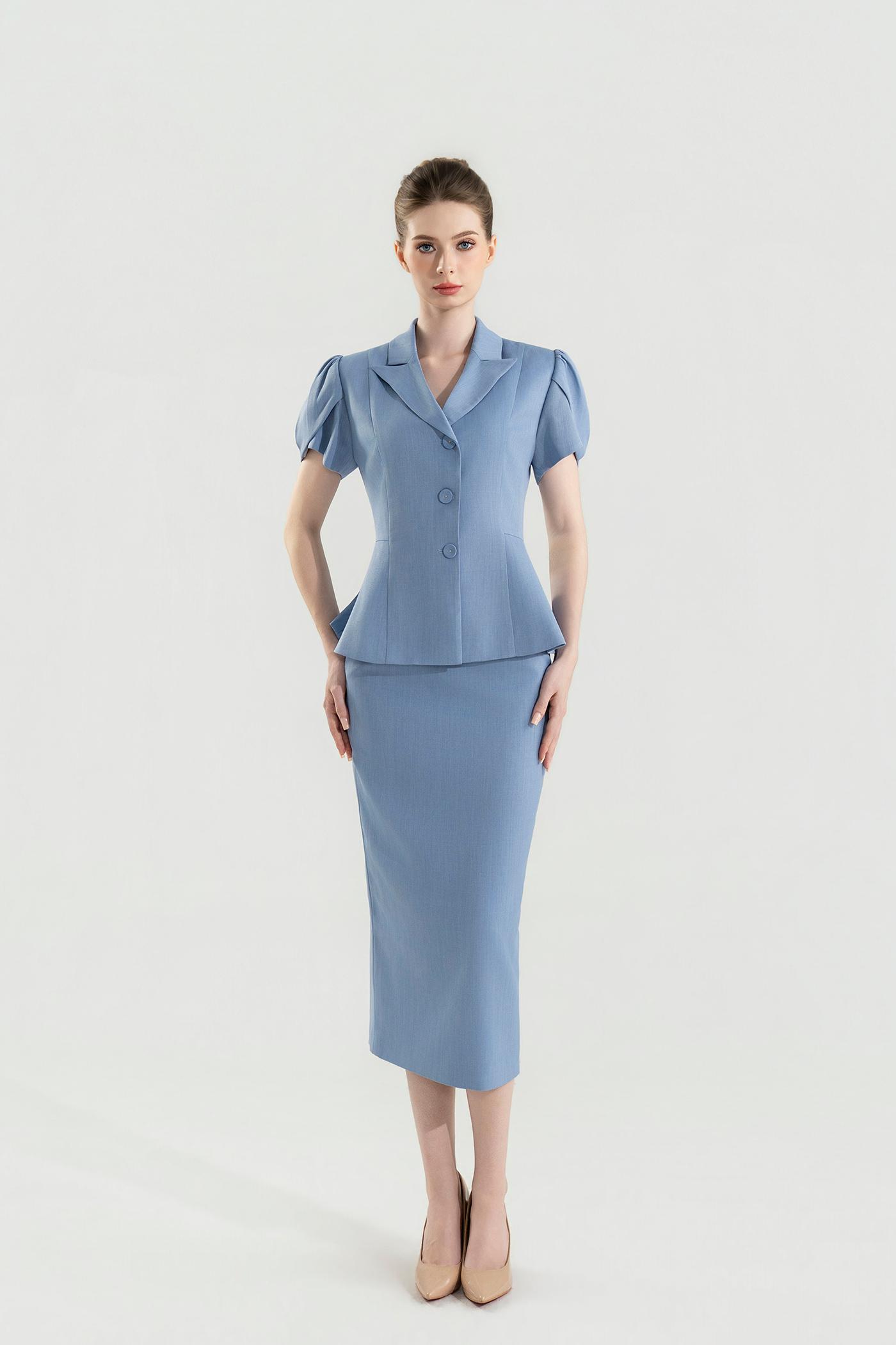 Bộ Suit Chân Váy Tay Phồng Màu Xanh Pastel