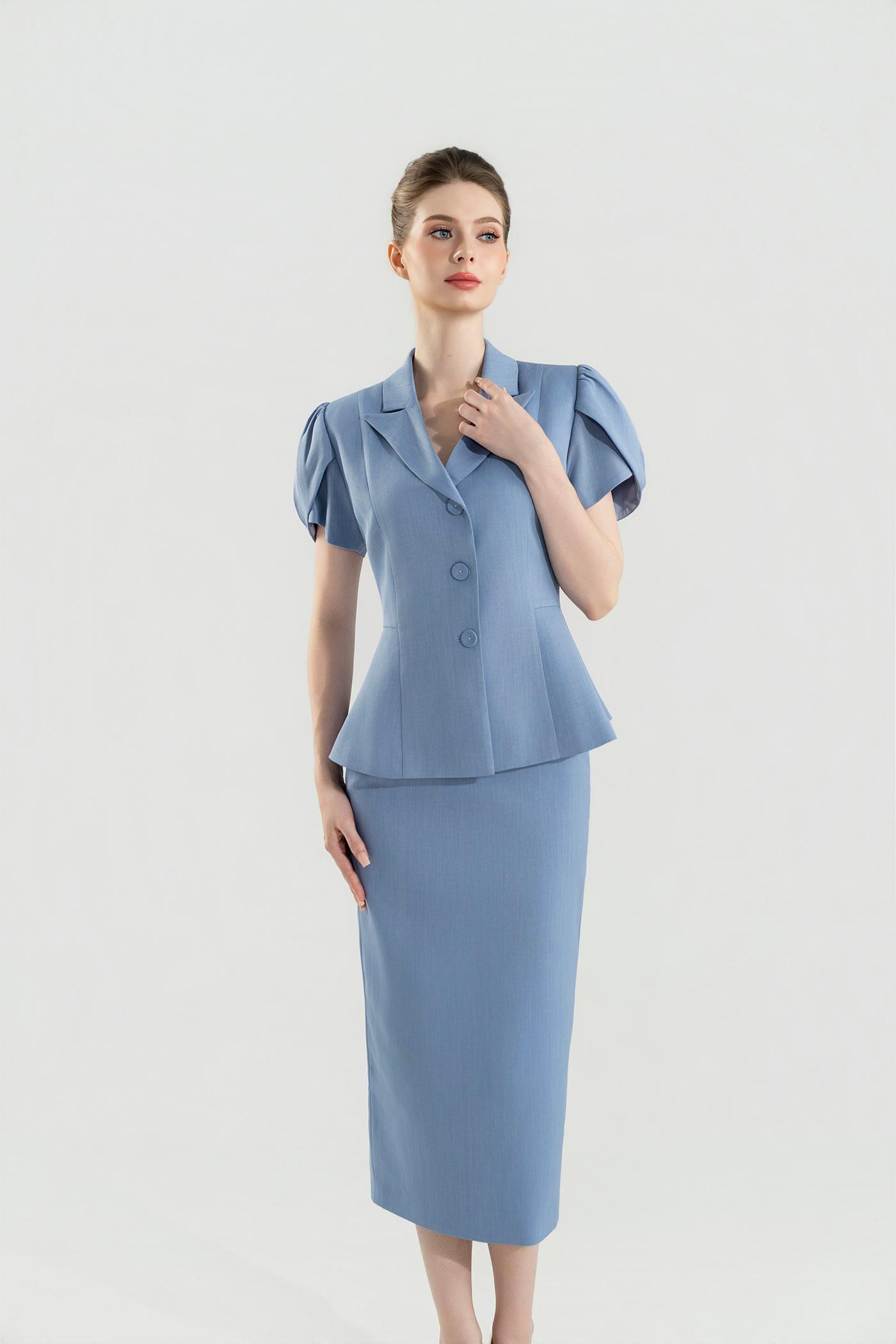 Bộ Suit Chân Váy Tay Phồng Màu Xanh Pastel