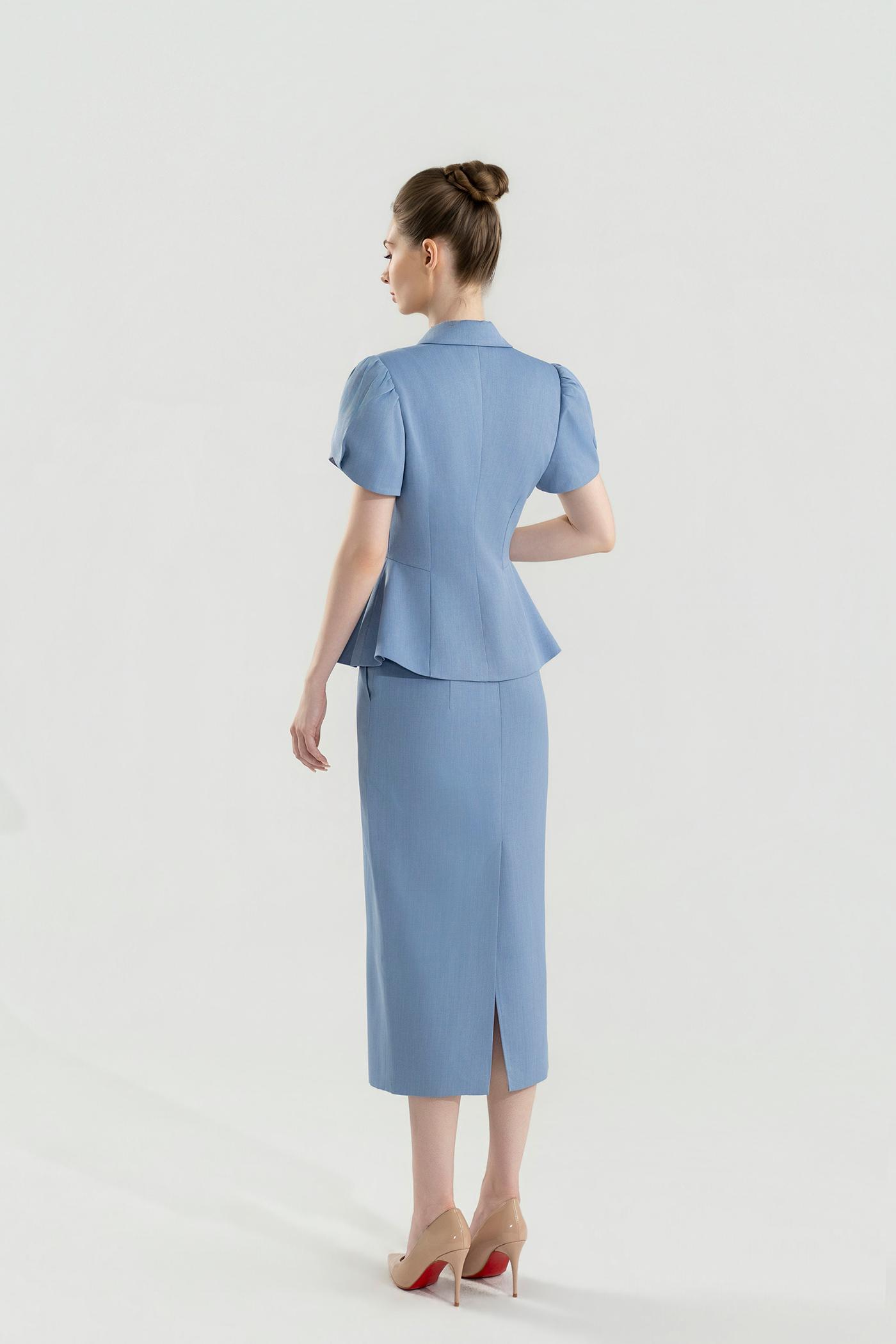 Bộ Suit Chân Váy Tay Phồng Màu Xanh Pastel