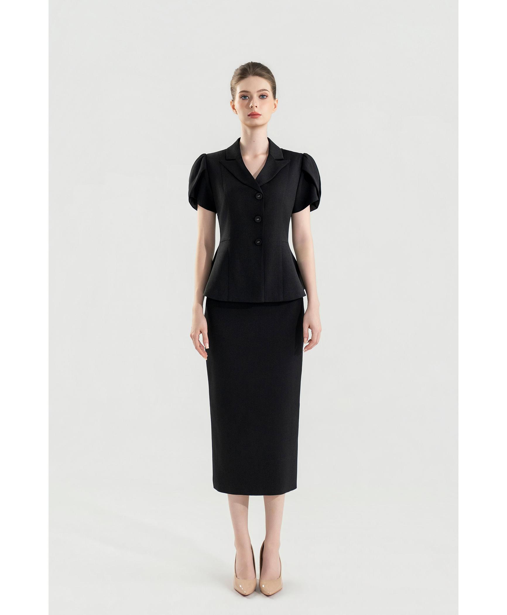 Bộ Suit Chân Váy Tay Phồng Màu Đen