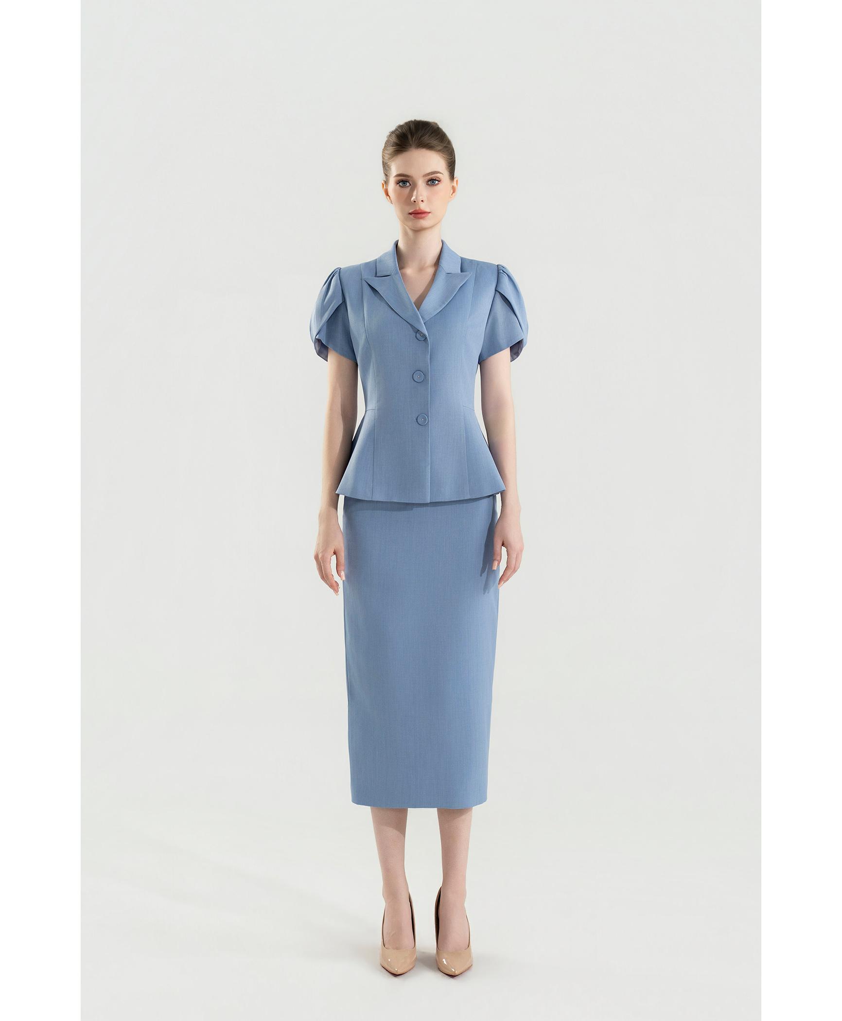 Bộ Suit Chân Váy Tay Phồng Màu Xanh Pastel