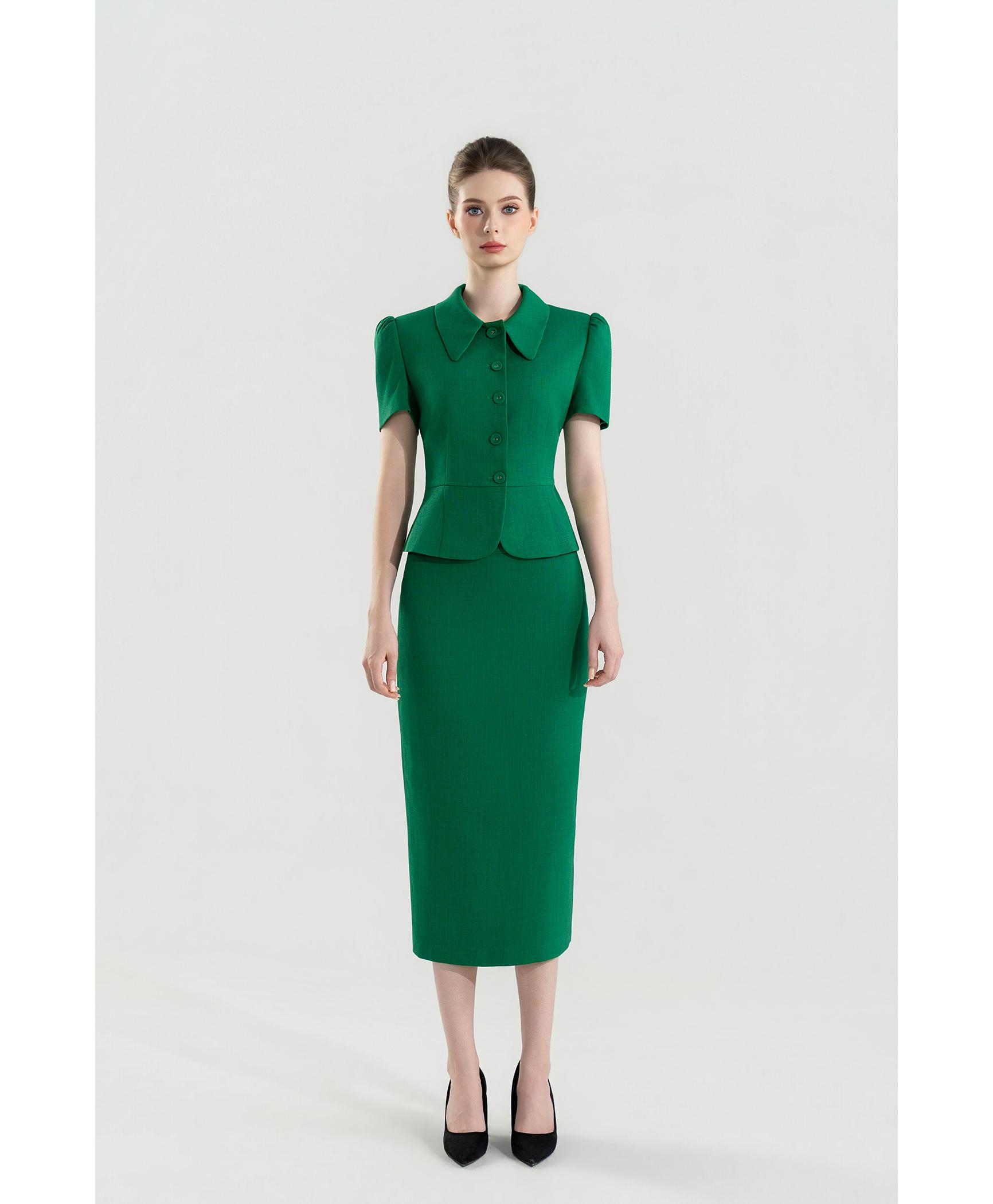 Bộ Suit Chân Váy Cổ Sen Màu Xanh Lá