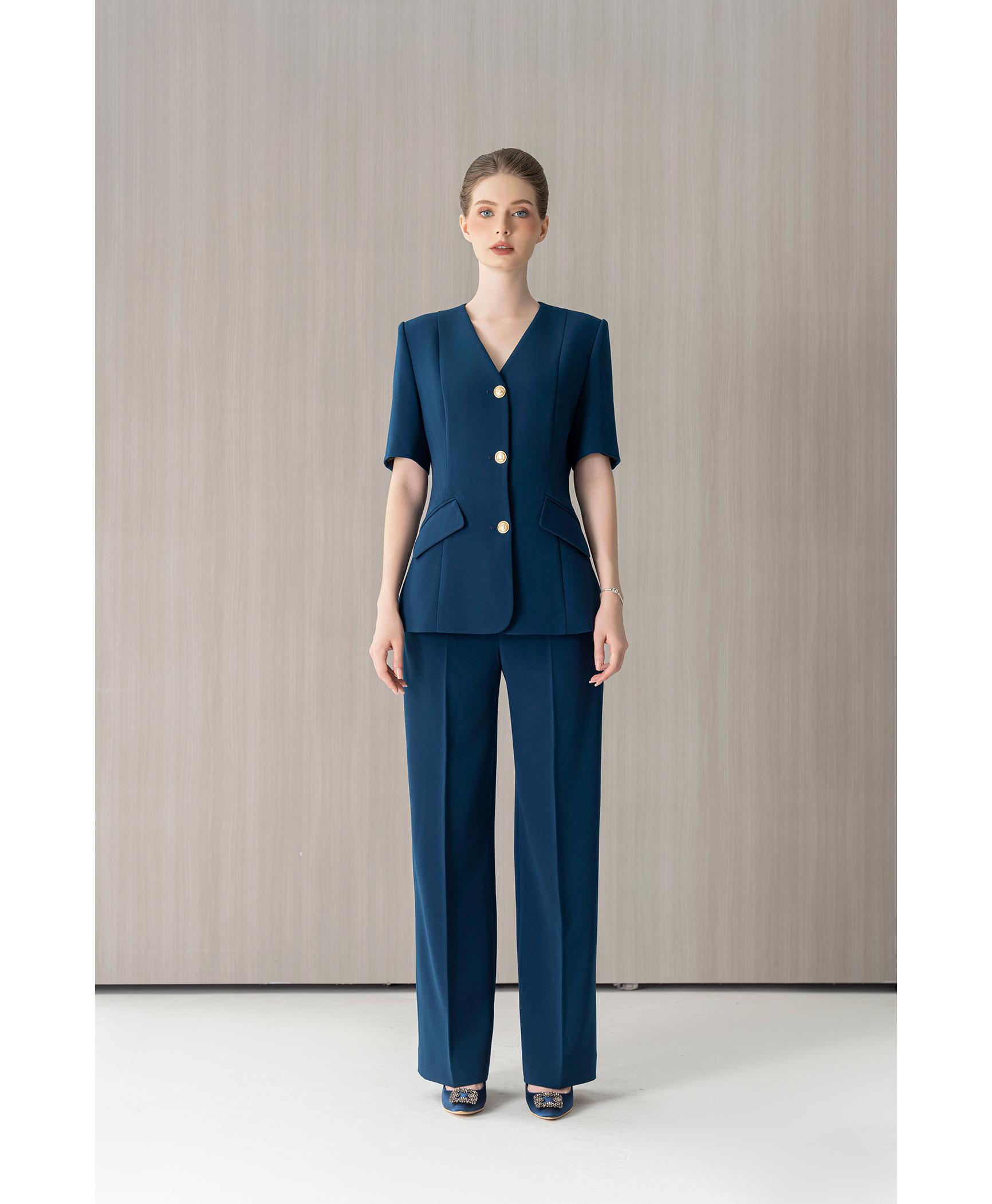 Bộ Suit Tay Ngắn Xanh Cổ Chữ V