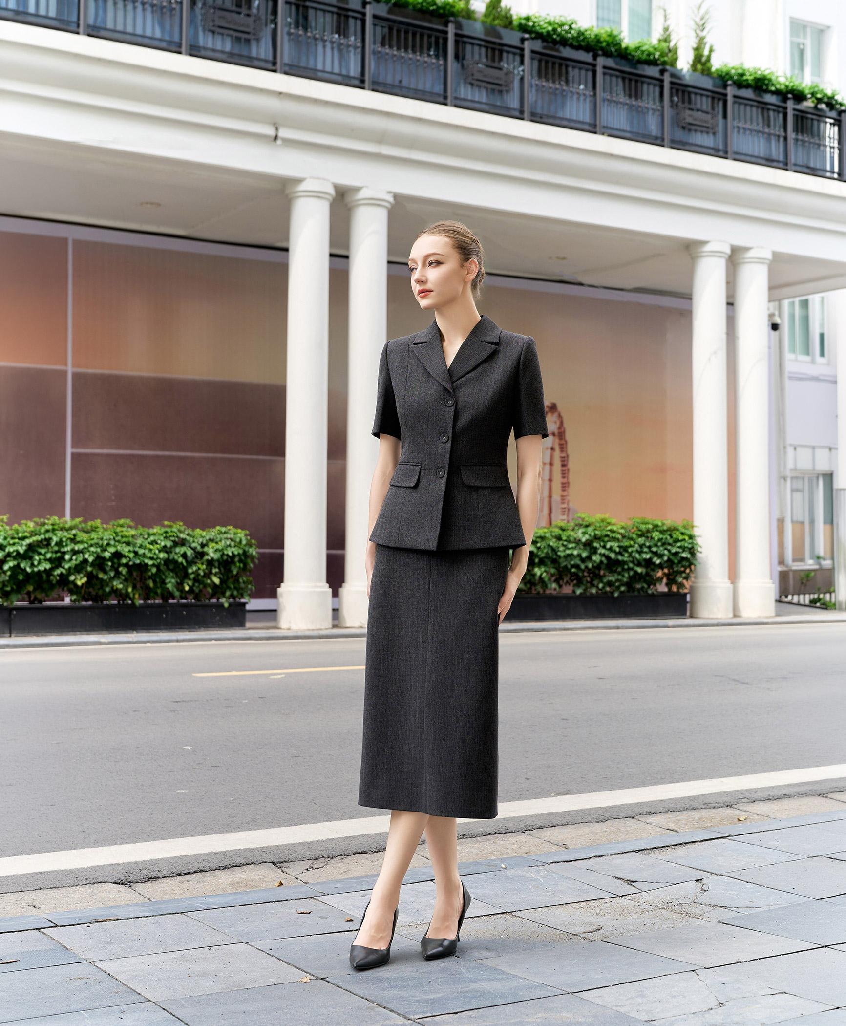 Bộ suit chân váy nữ tay ngắn màu xám than