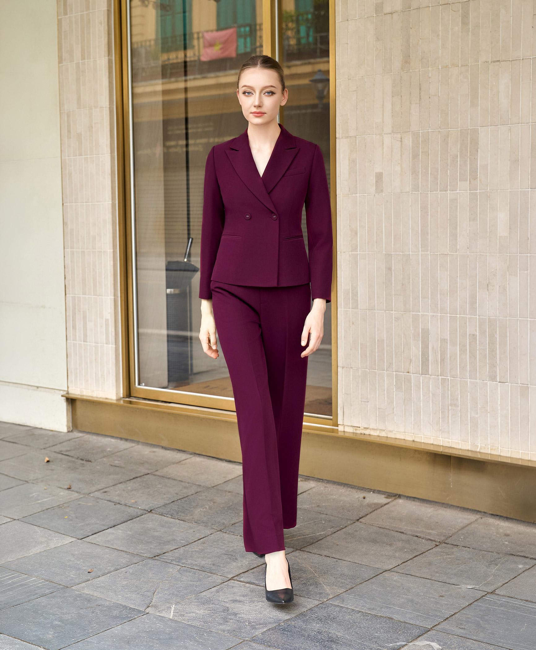 Bộ suit quần nữ hai hàng khuy màu đỏ burgundy
