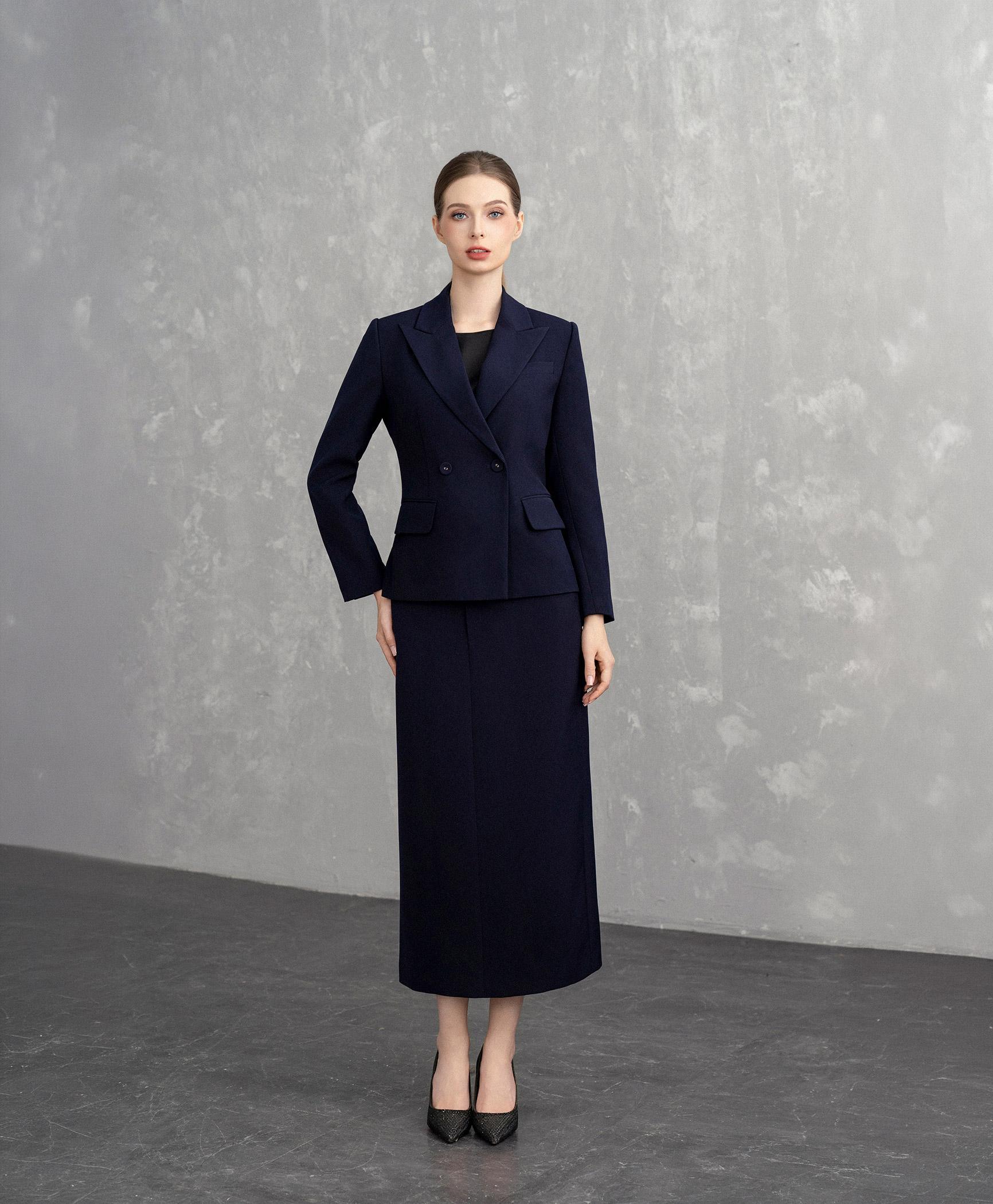 Bộ suit nữ chân váy xanh navy blazer hai hàng nút