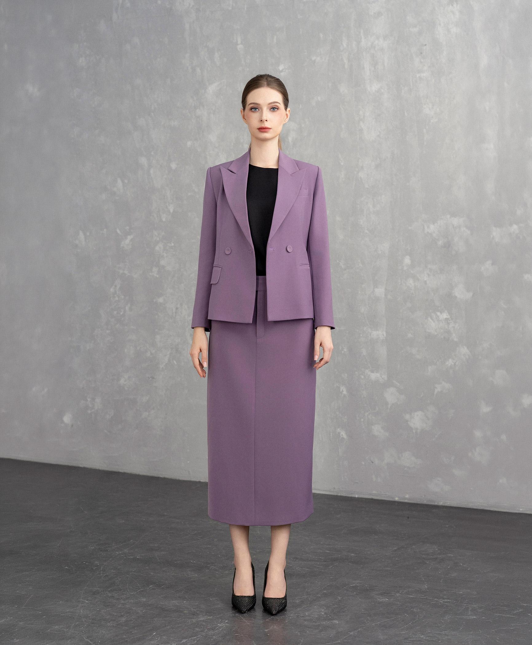 Bộ suit nữ chân váy tím lavender blazer hai hàng nút