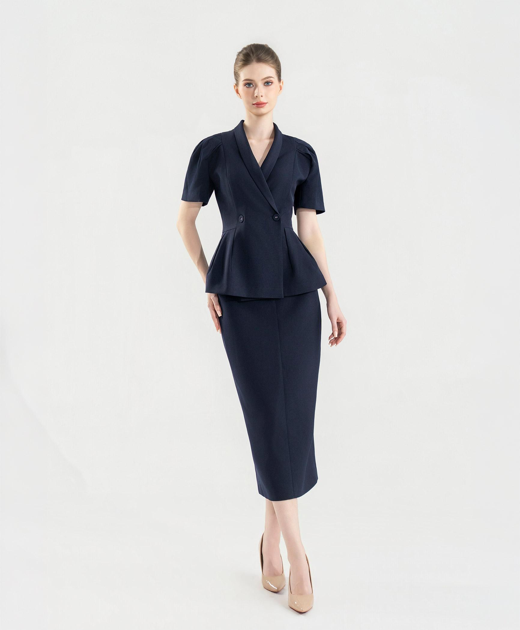 Bộ suit nữ chân váy xanh navy tay phồng nhẹ