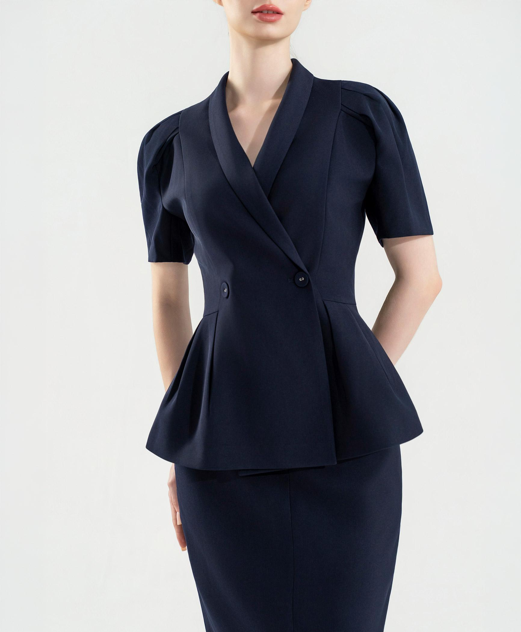 Bộ suit nữ chân váy xanh navy tay phồng nhẹ