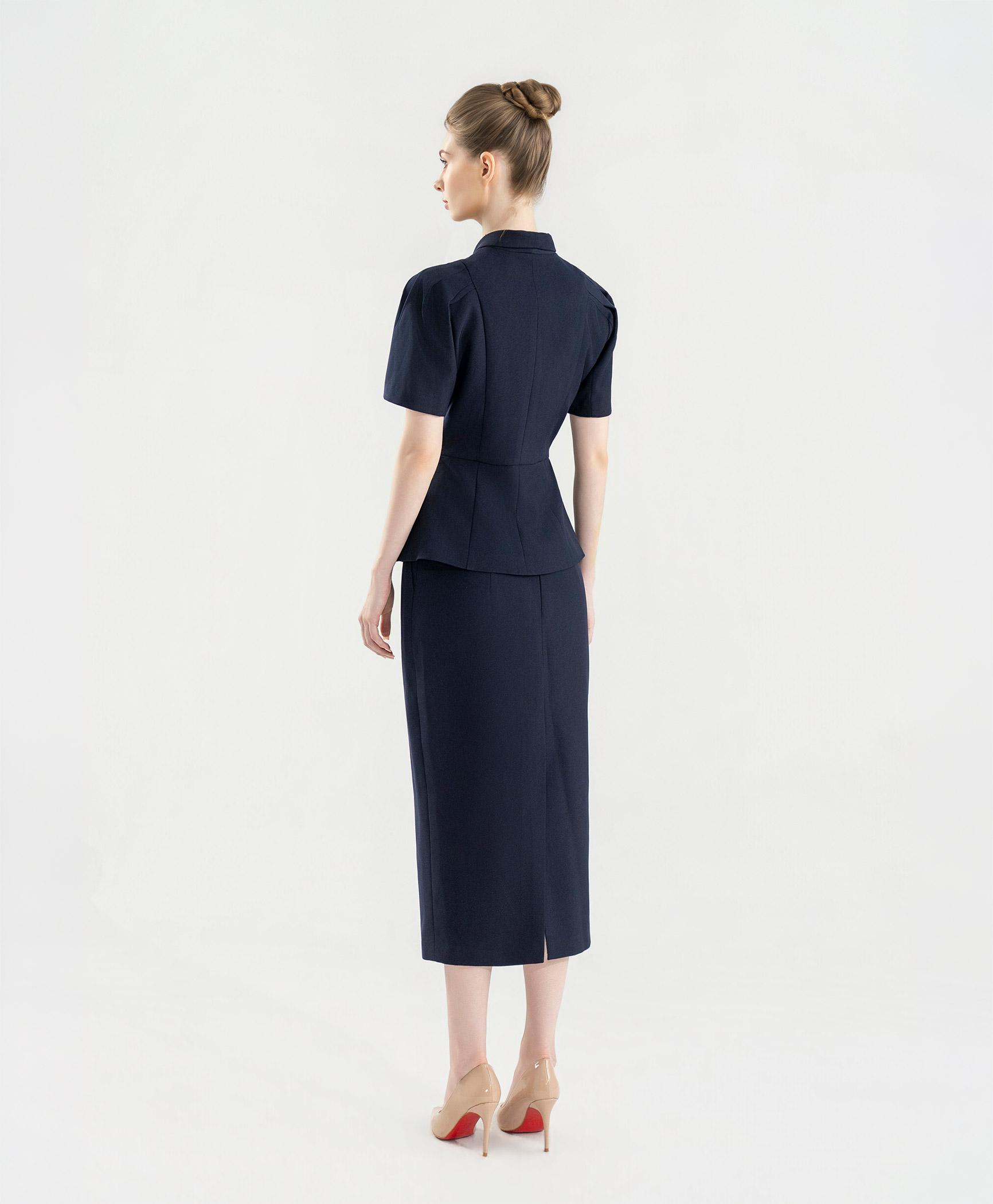 Bộ suit nữ chân váy xanh navy tay phồng nhẹ