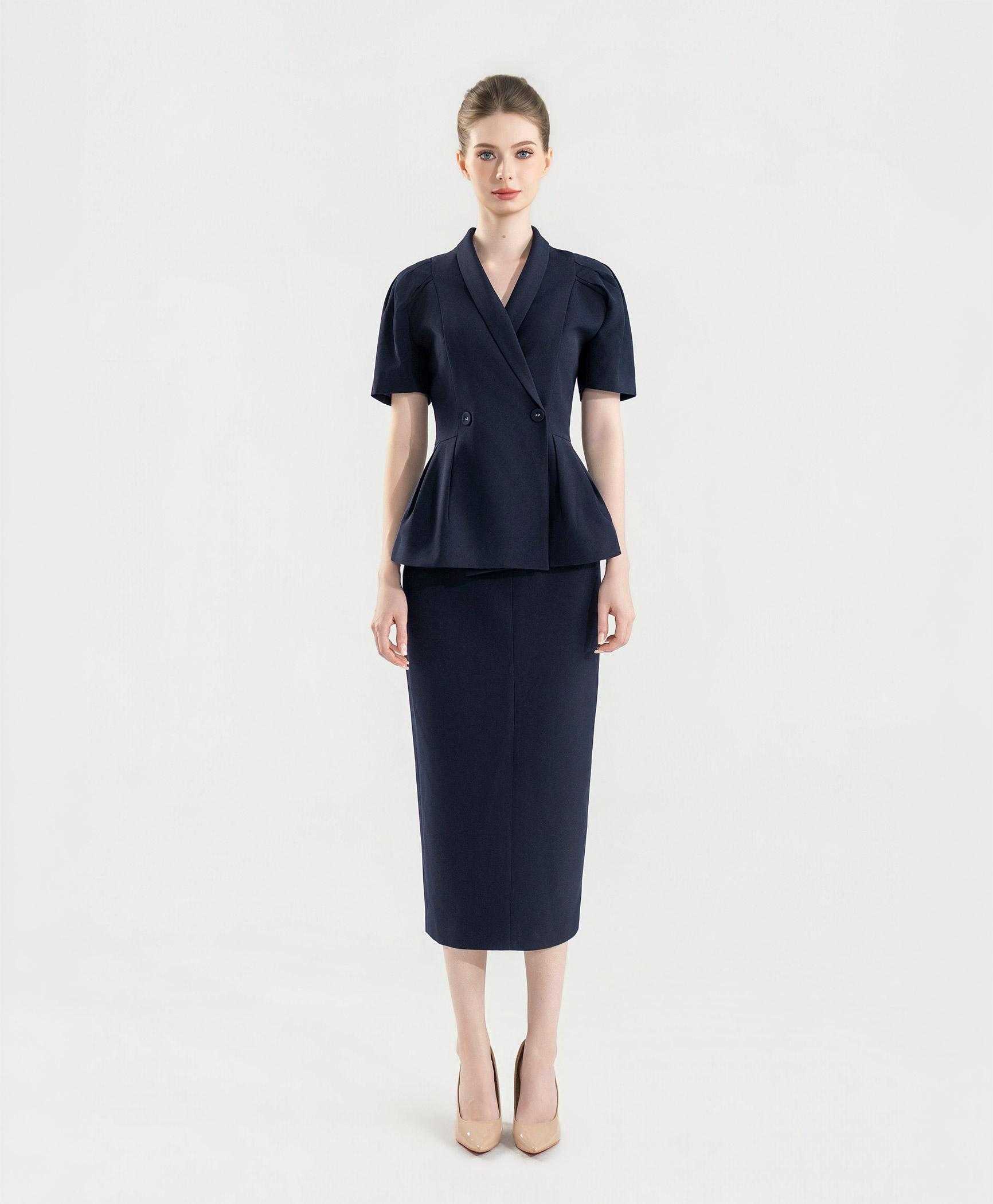 Bộ suit nữ chân váy xanh navy tay phồng nhẹ
