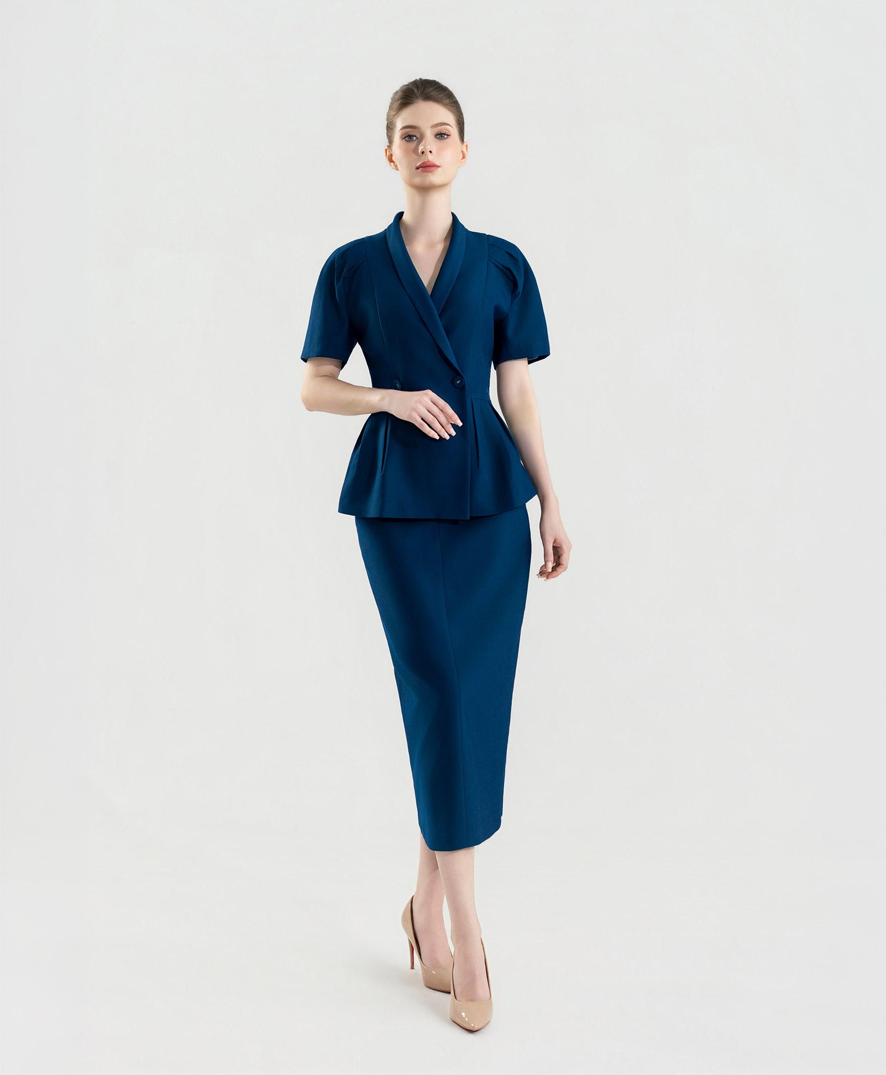 Bộ suit nữ chân váy xanh cobalt tay phồng nhẹ