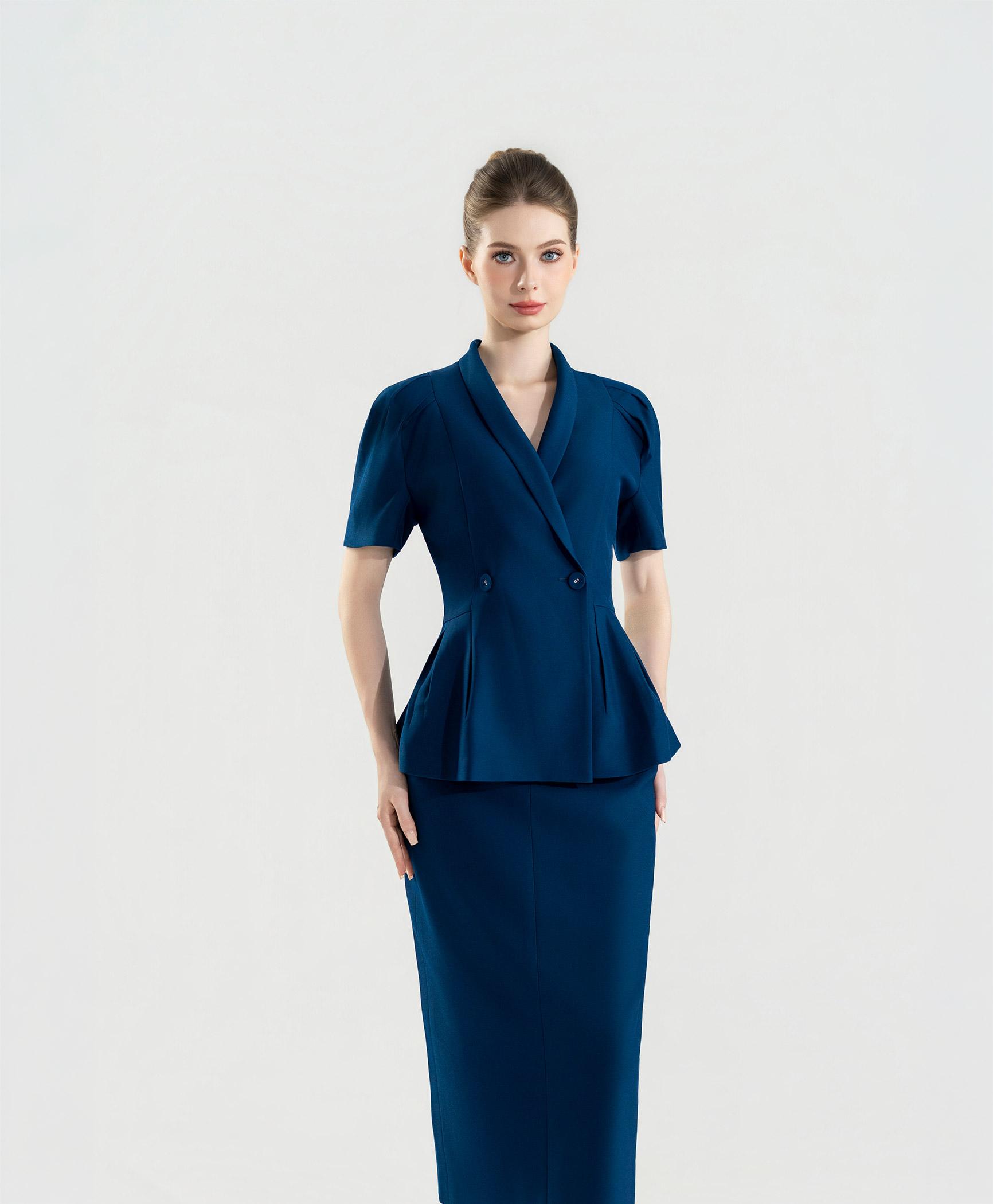Bộ suit nữ chân váy xanh cobalt tay phồng nhẹ