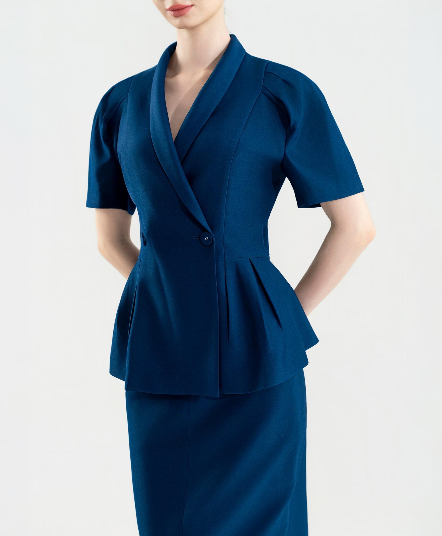 Bộ suit nữ chân váy xanh cobalt tay phồng nhẹ