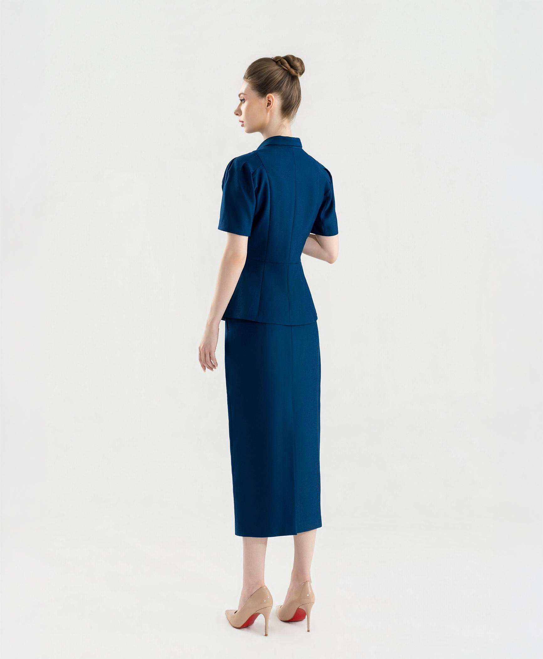 Bộ suit nữ chân váy xanh cobalt tay phồng nhẹ