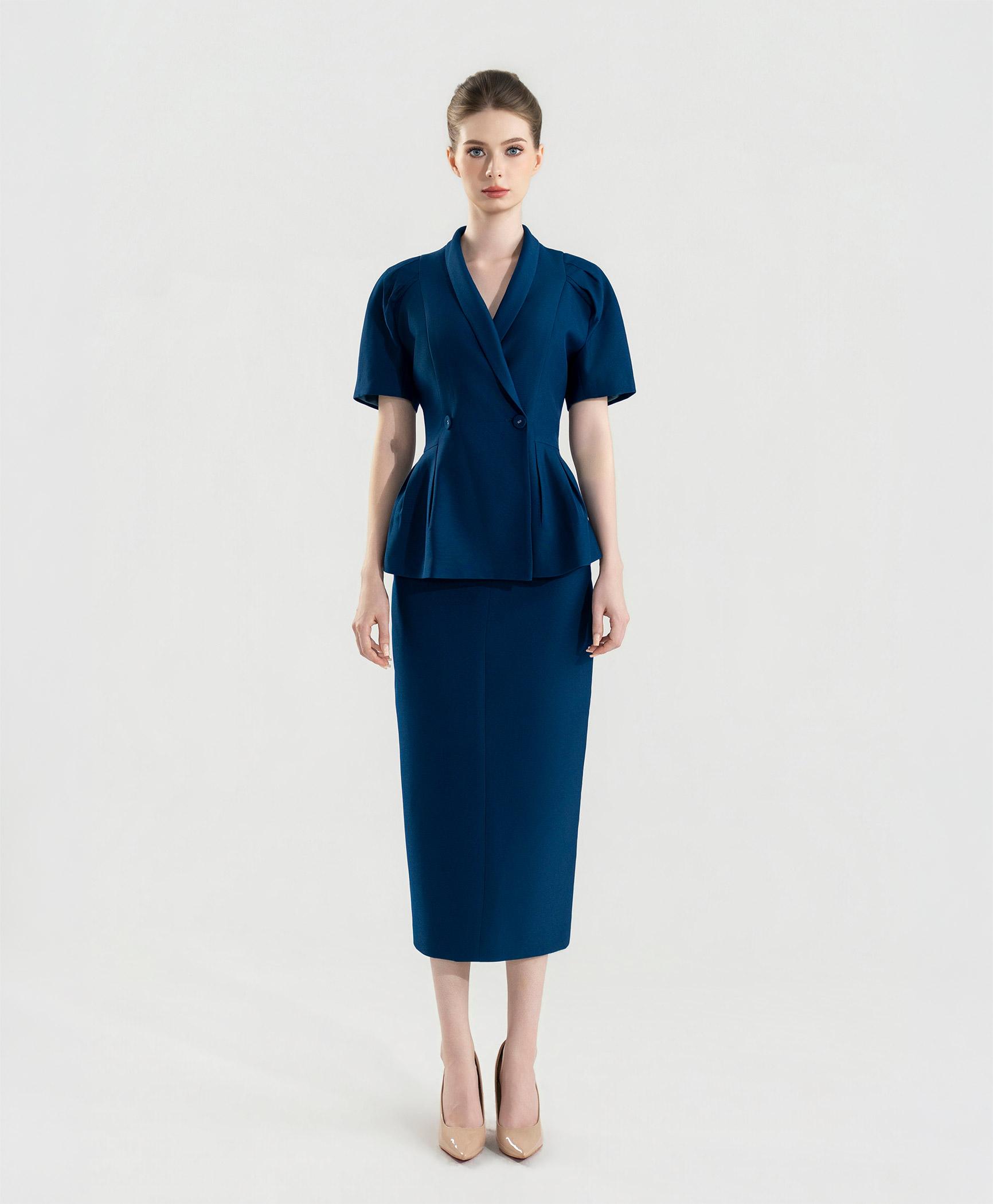 Bộ suit nữ chân váy xanh cobalt tay phồng nhẹ