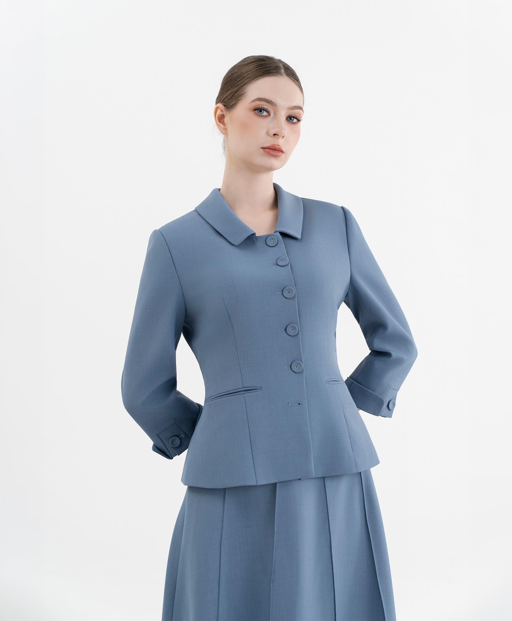 Bộ suit chân váy nữ tay lửng màu xanh lơ
