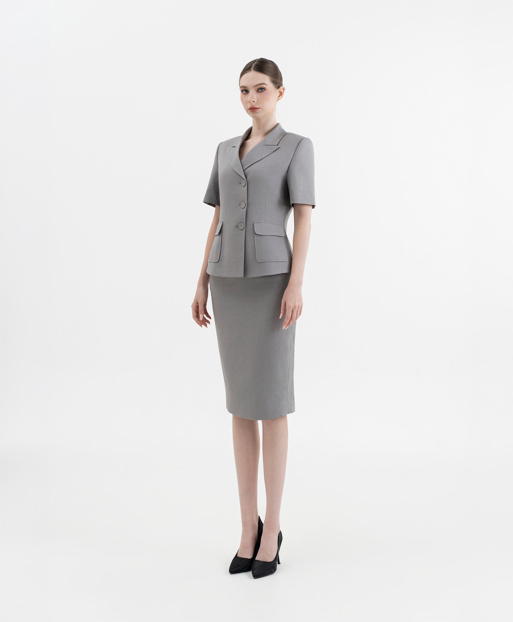 Bộ suit chân váy nữ tay ngắn màu ghi xám