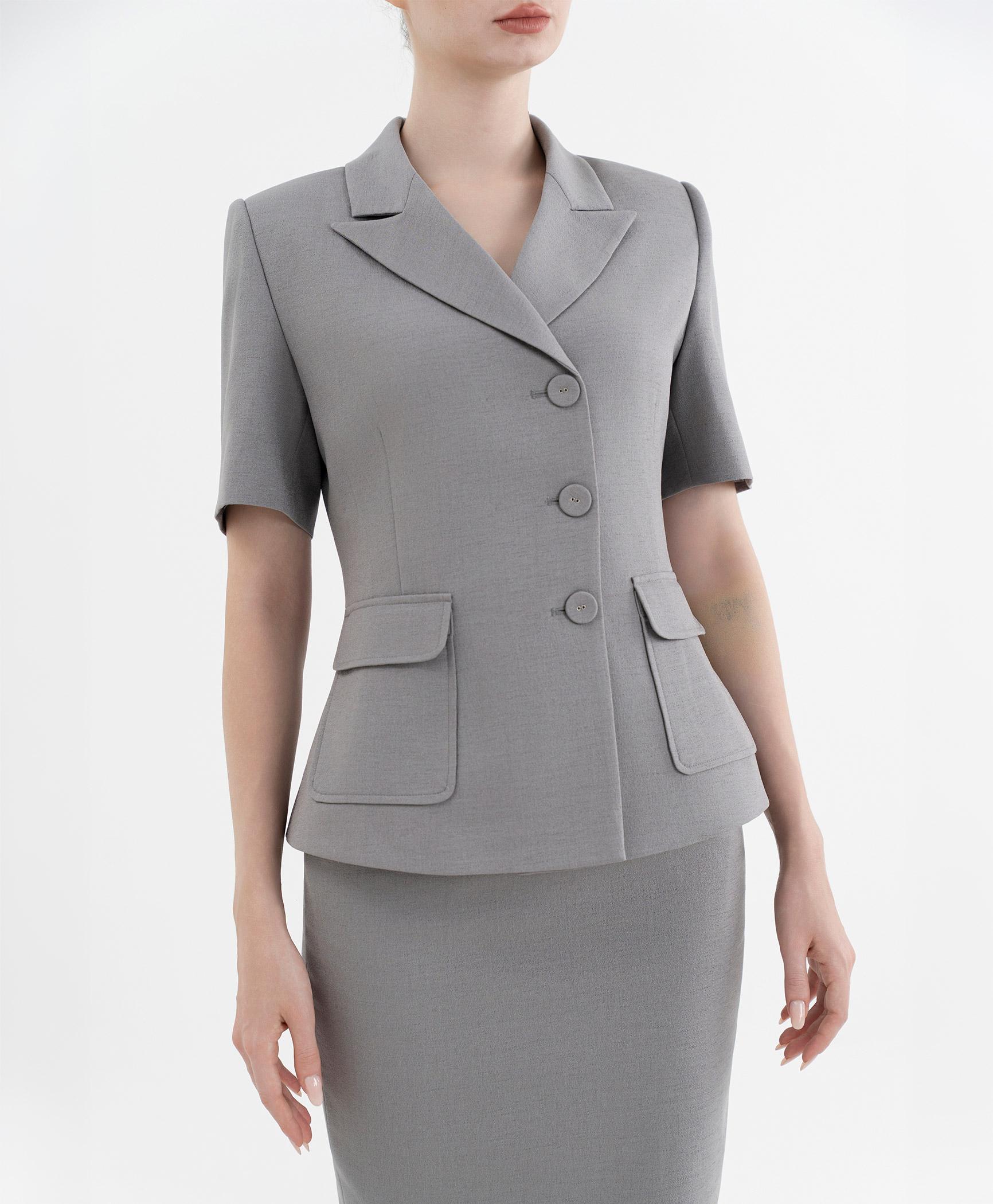 Bộ suit chân váy nữ tay ngắn màu ghi xám