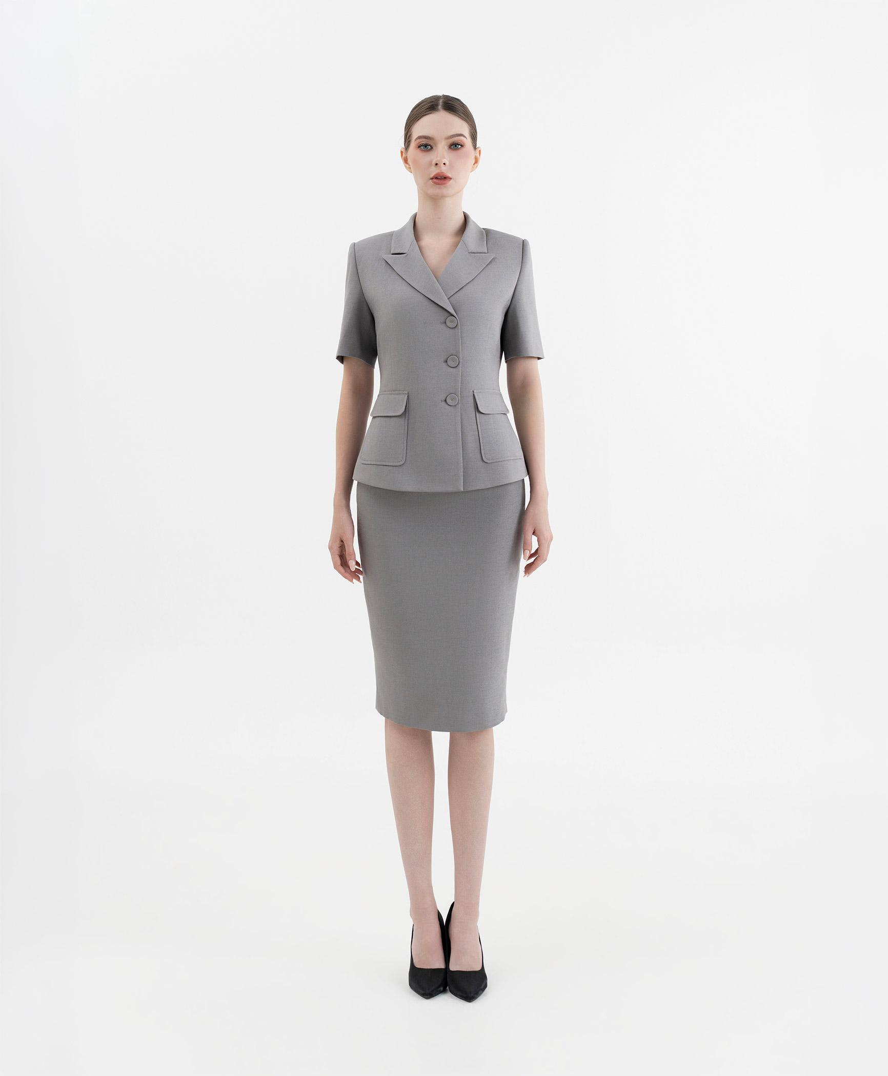 Bộ suit chân váy nữ tay ngắn màu ghi xám