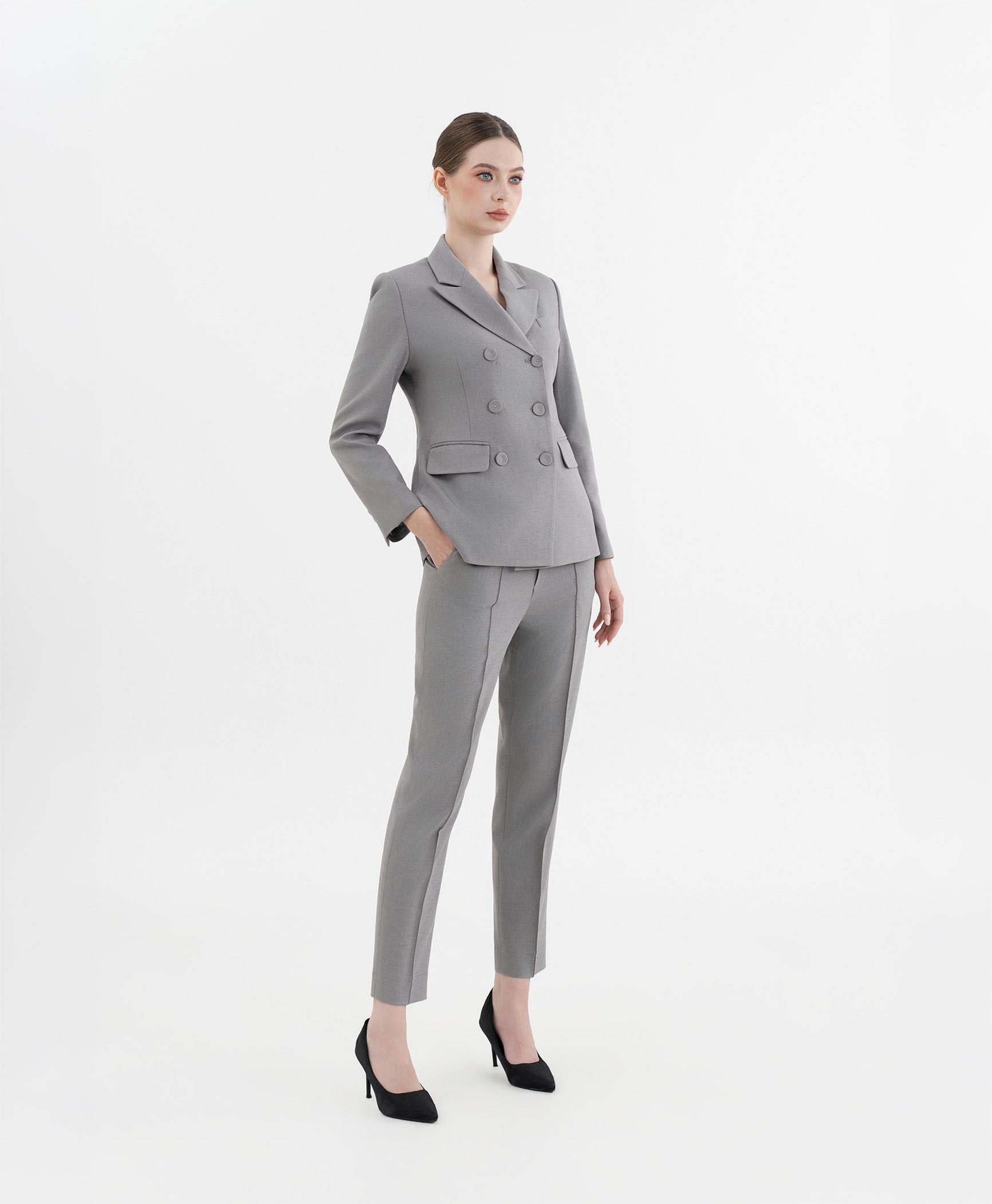 Bộ suit quần nữ hai hàng khuy màu ghi xám