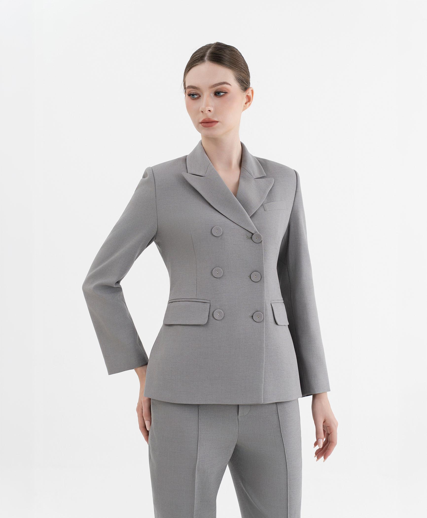 Bộ suit quần nữ hai hàng khuy màu ghi xám