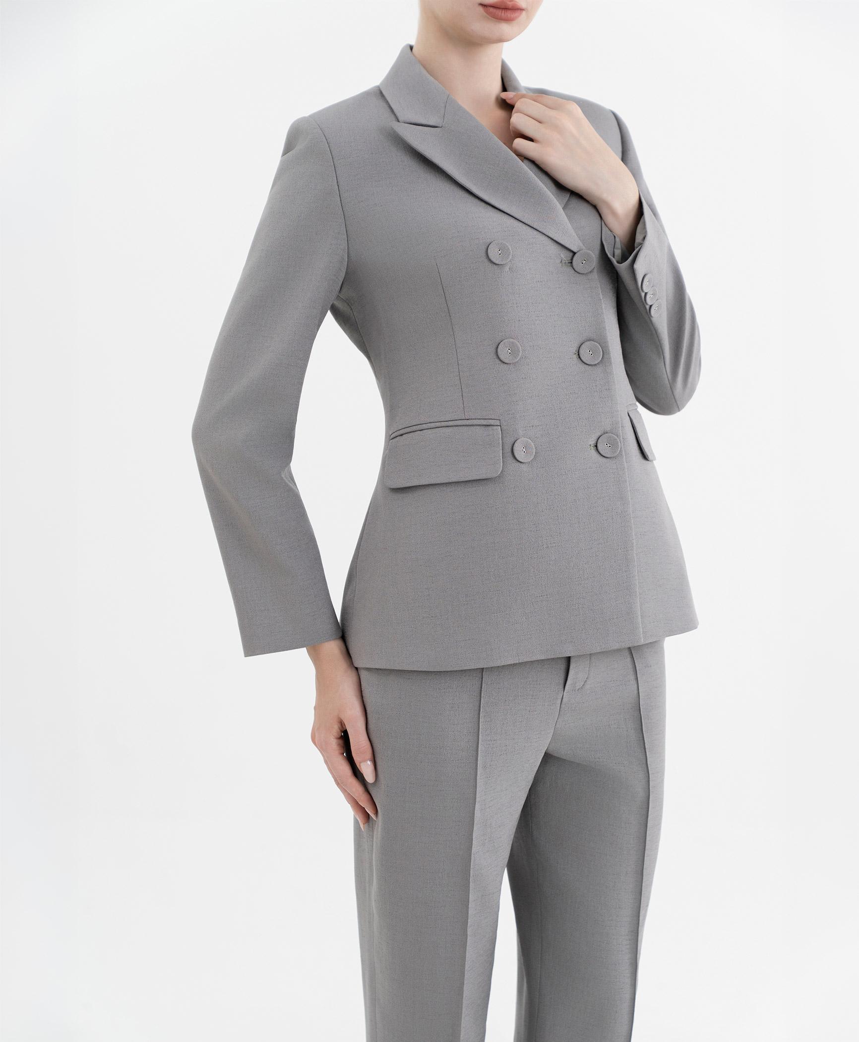 Bộ suit quần nữ hai hàng khuy màu ghi xám