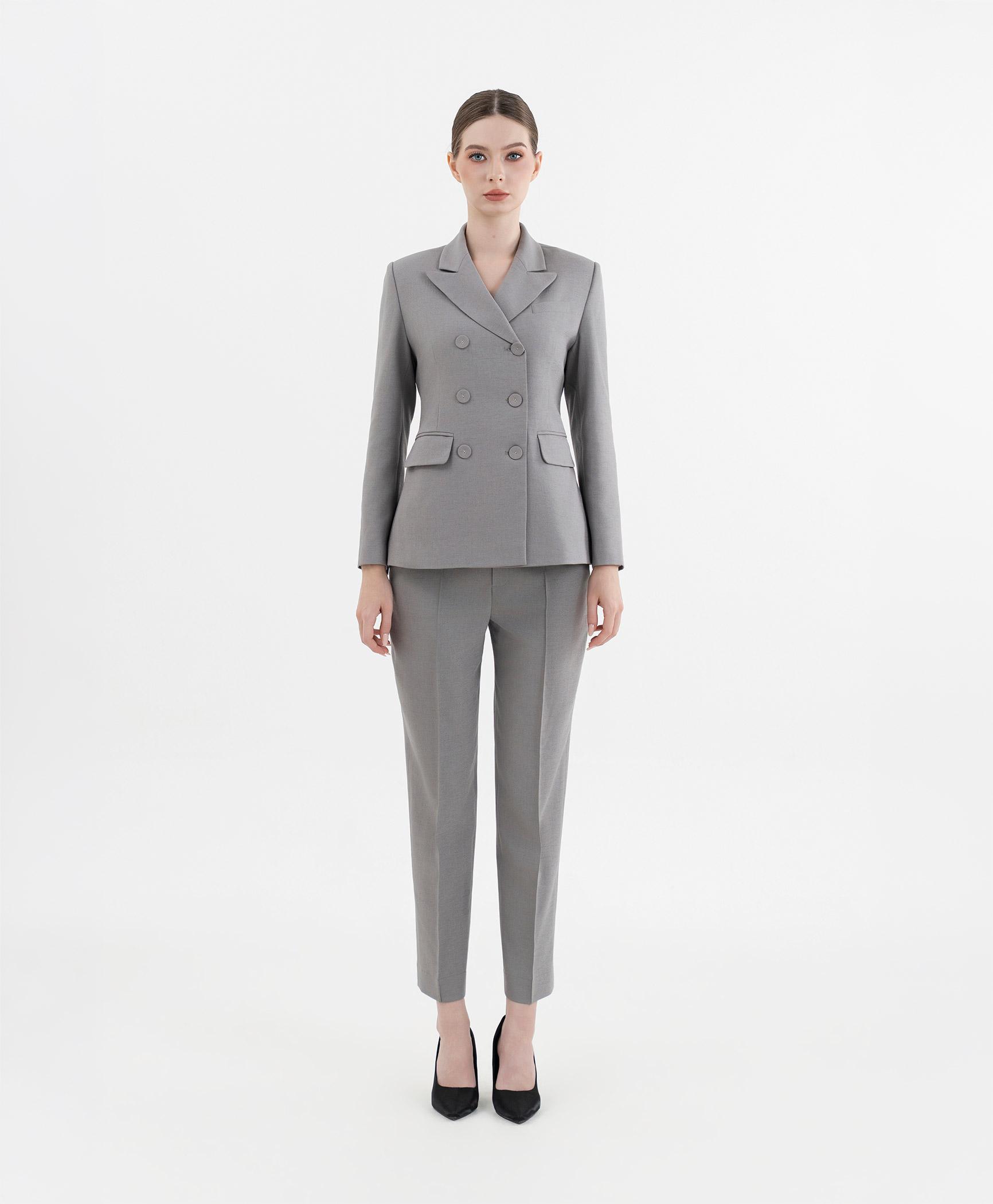 Bộ suit quần nữ hai hàng khuy màu ghi xám