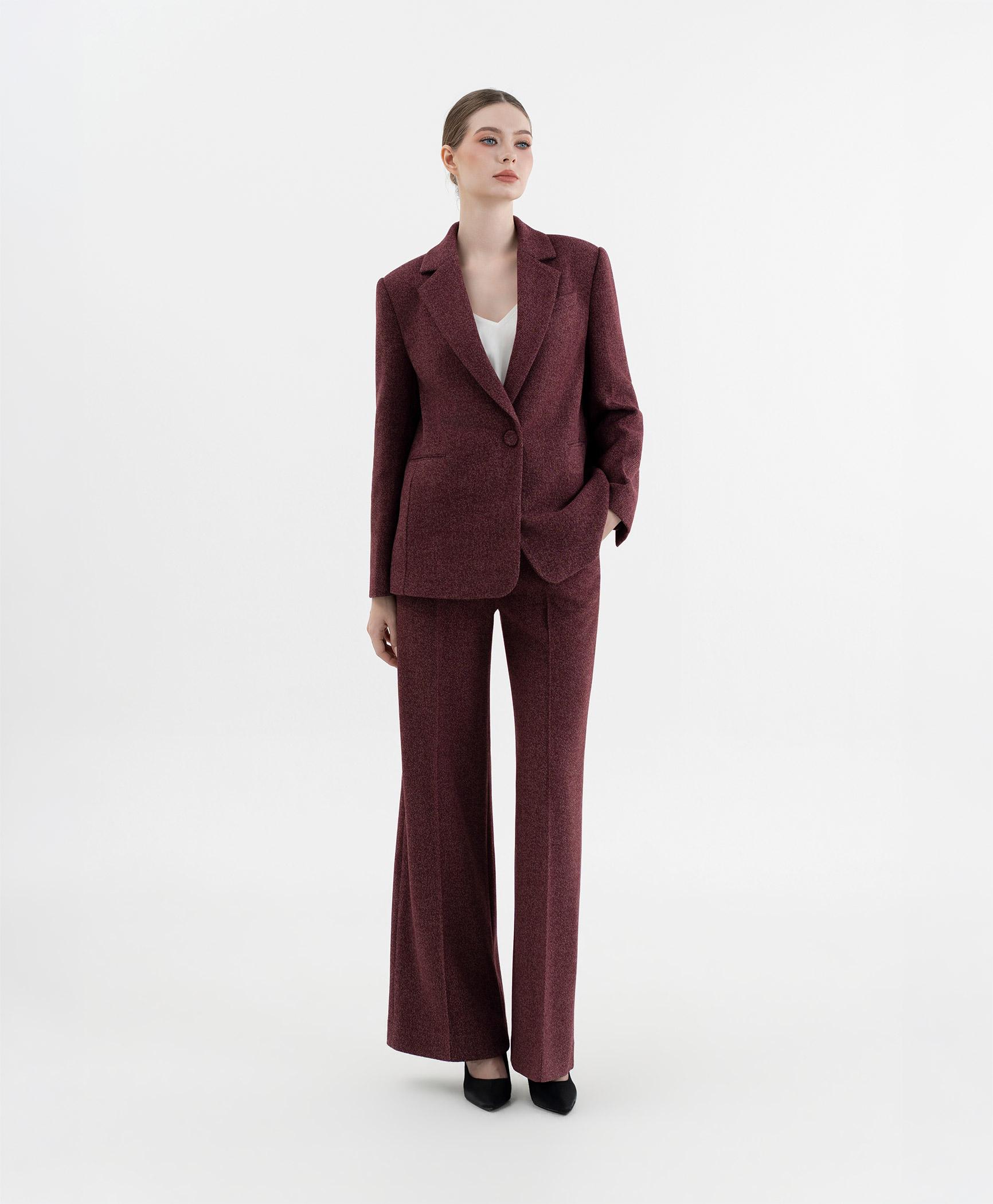 Bộ suit quần nữ blazer một khuy màu đỏ burgundy