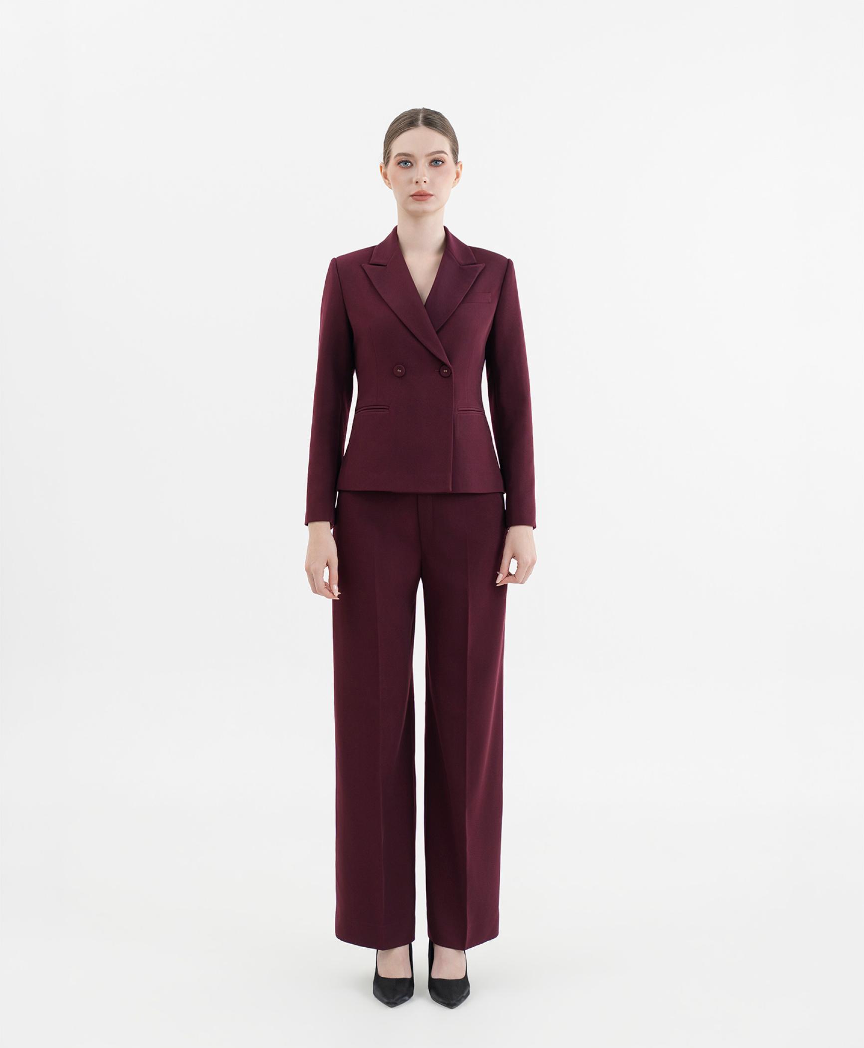 Bộ suit quần nữ hai hàng khuy màu đỏ burgundy