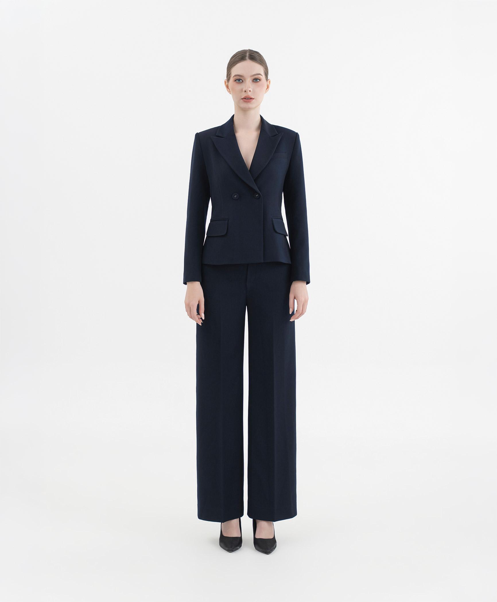 Bộ suit quần nữ hai hàng khuy màu xanh navy